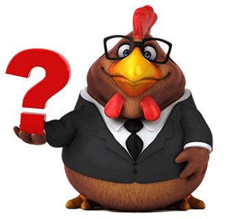 Mascote Frango FAQ segurando ponto de interrogação